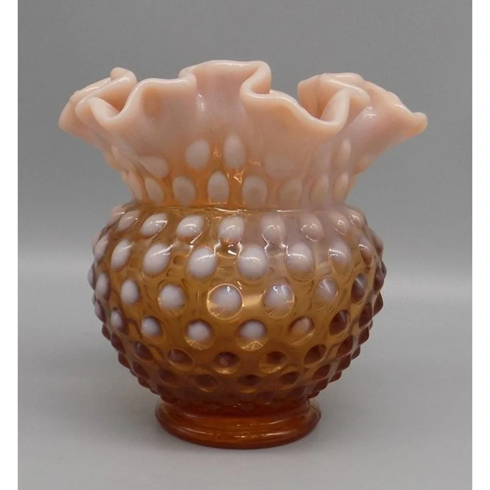 Vintage Fenton Caramel Rose Brown Hobnail Bowl Vase Signed Milk Glass Peach